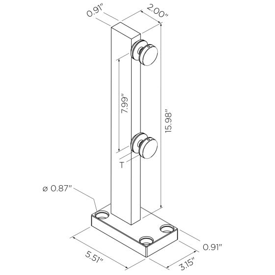Anodized Silver | Rectangular | Surface Mount Mini Post | Alloy 6063-T5 Aluminum with Standoffs | Alloy 316
