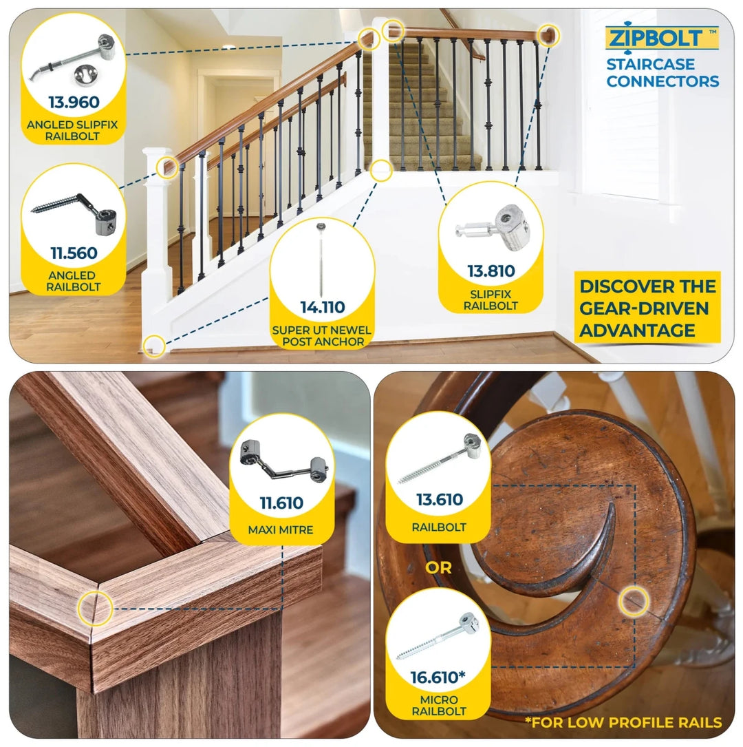 Angled Handrail to Newel Post Connector — 11.560 Angled Railbolt for Lower Staircase Connection - All Things Stairs