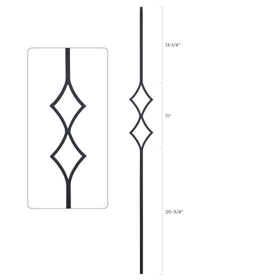 Steel Tube Balusters | Geometric Diamond 1/2" Square Series With Dowel Top | Double Feature | Satin Black